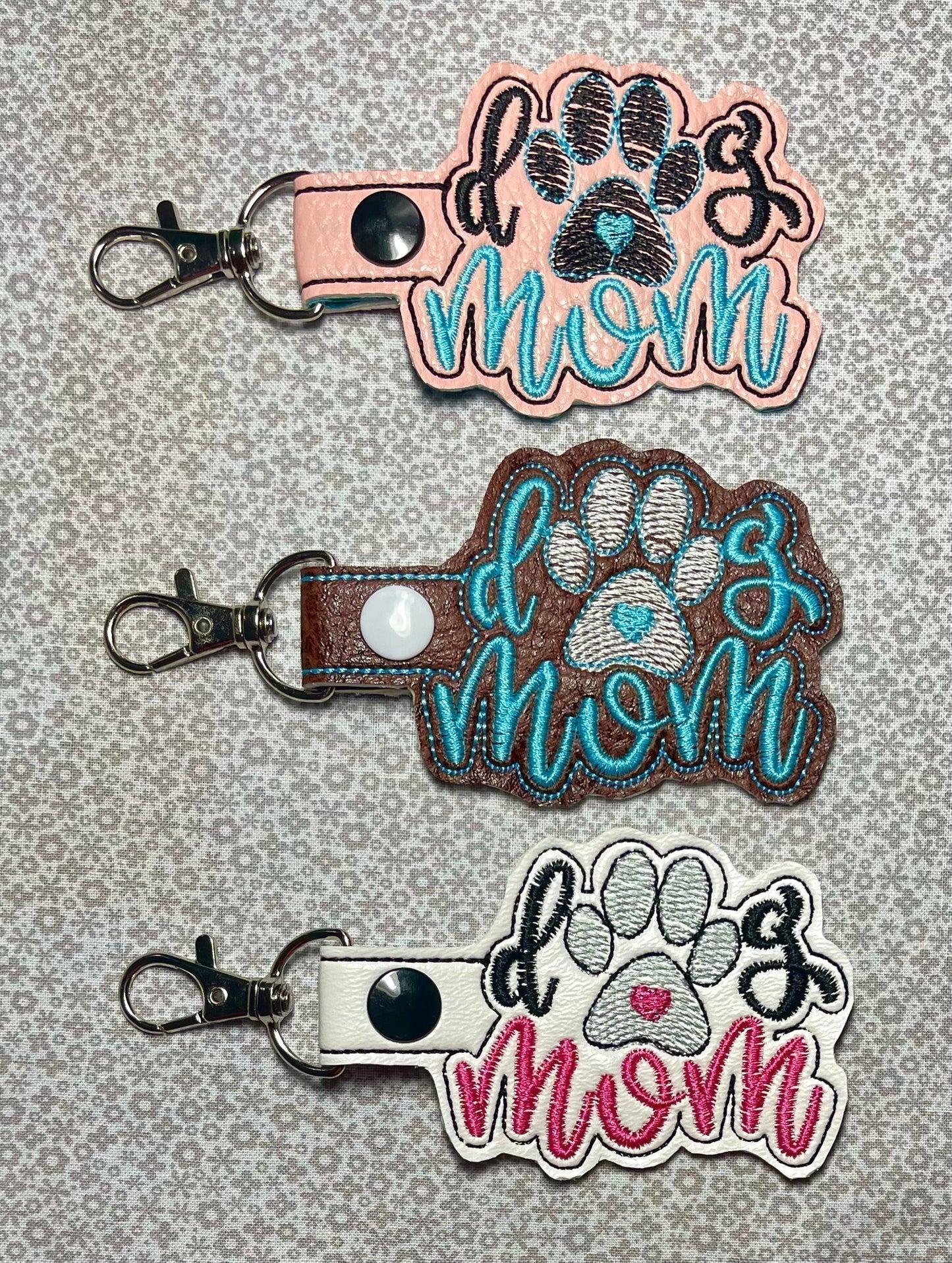 “Dog Mom” Embroidered Keychain (Charcoal and Red)