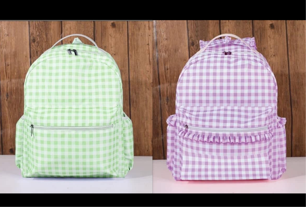 Embroidered Gingham Ruffle Bookbag