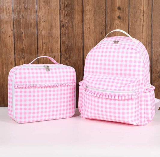 Embroidered Gingham Ruffle Bookbag