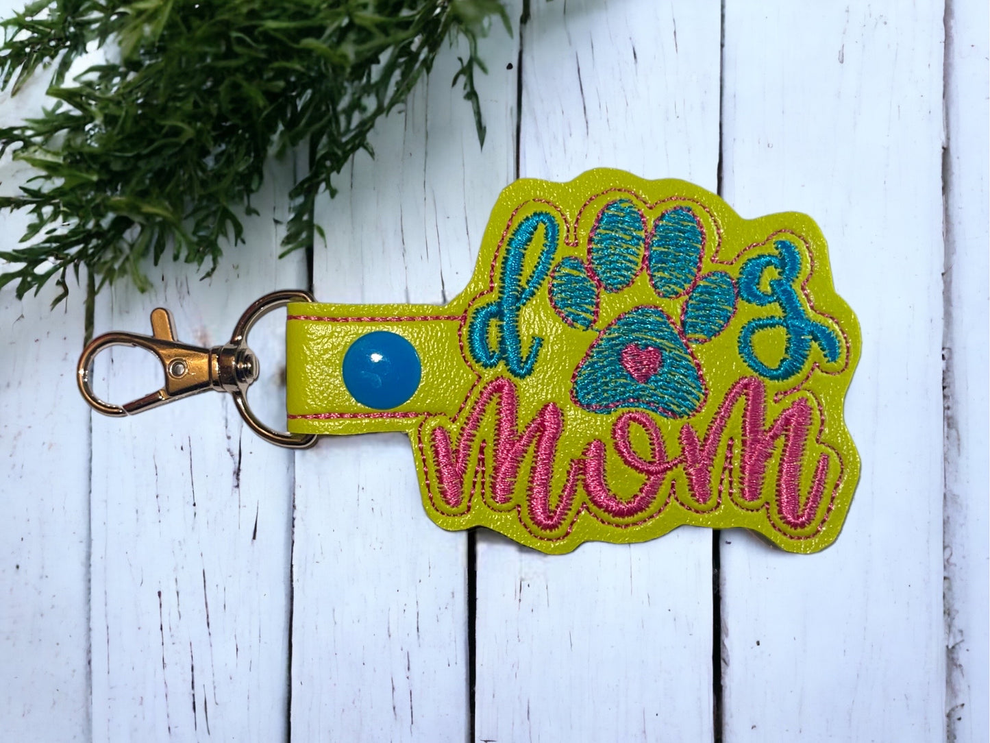 “Dog Mom” Embroidered Keychain (Lime, Aqua, and Pink)