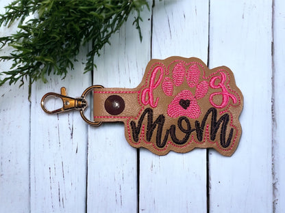“Dog Mom” Embroidered Keychain (Tan, Pink, Brown)