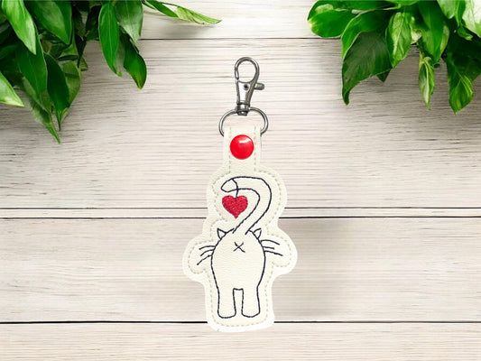Cat Butt Cat Embroidered Keychain (White)