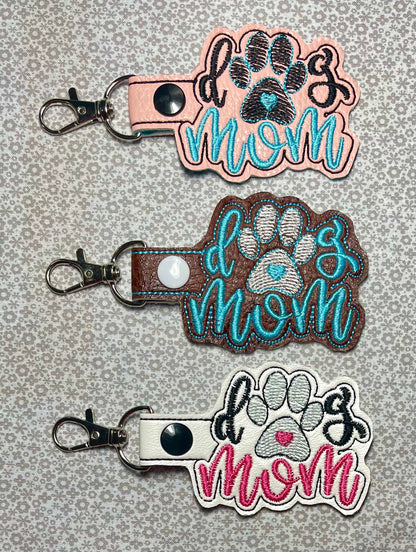 “Dog Mom” Keychain (White, Pink, Grey, Black), Embroidered Keychain